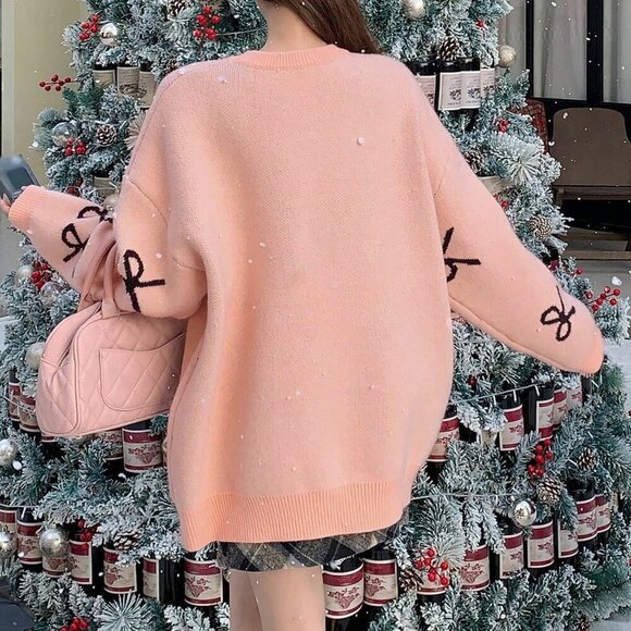 Pink Casual Women's Loose Fit Bowknot detailed Round Neck Long Sleeve Sweater - Picture 4 of 8